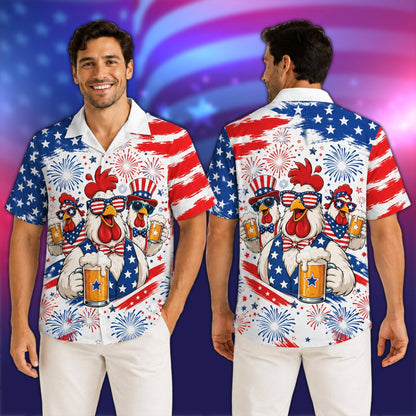 Lifestyle view of the patriotic holiday hawaiian shirt being worn