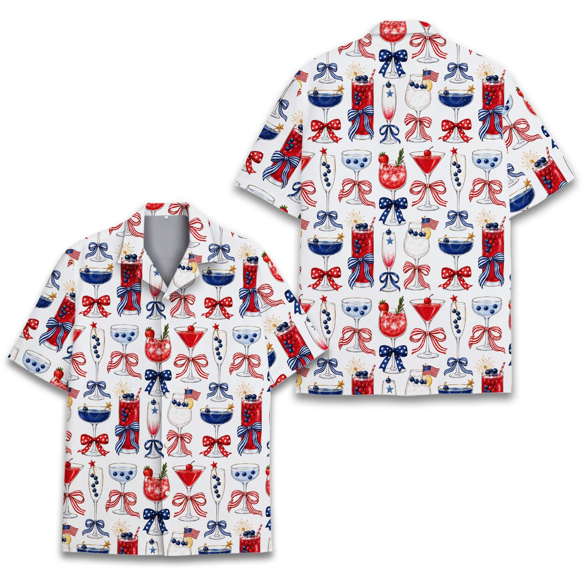 Patriotic cocktails hawaiian shirt front view featuring red, white, and blue drinks