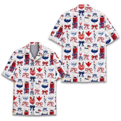 Patriotic cocktails hawaiian shirt front view featuring red, white, and blue drinks