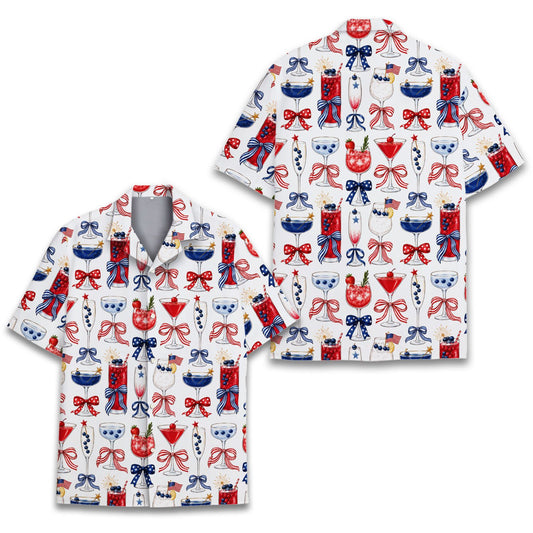 Patriotic cocktails hawaiian shirt front view featuring red, white, and blue drinks