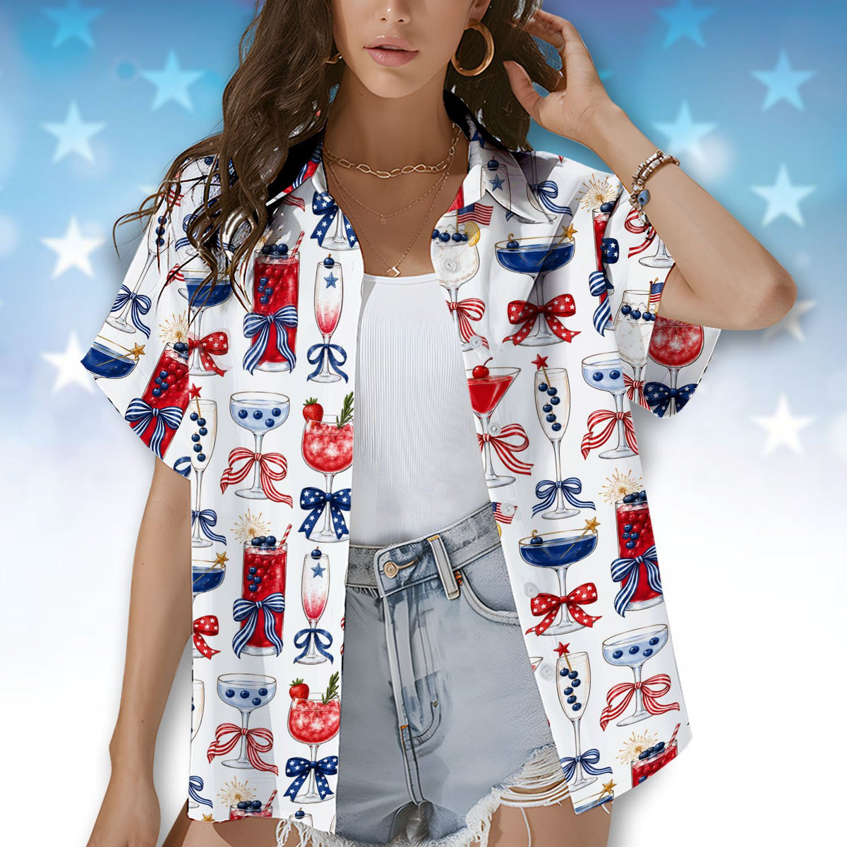 Close up lifestyle view of patriotic drinks and stars pattern on holiday hawaiian shirt