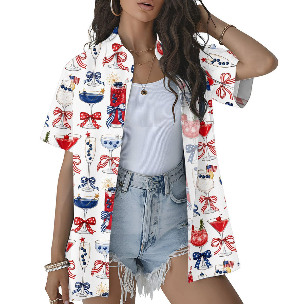 Man wearing patriotic cocktails hawaiian shirt holding a drink