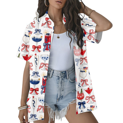Man wearing patriotic cocktails hawaiian shirt holding a drink