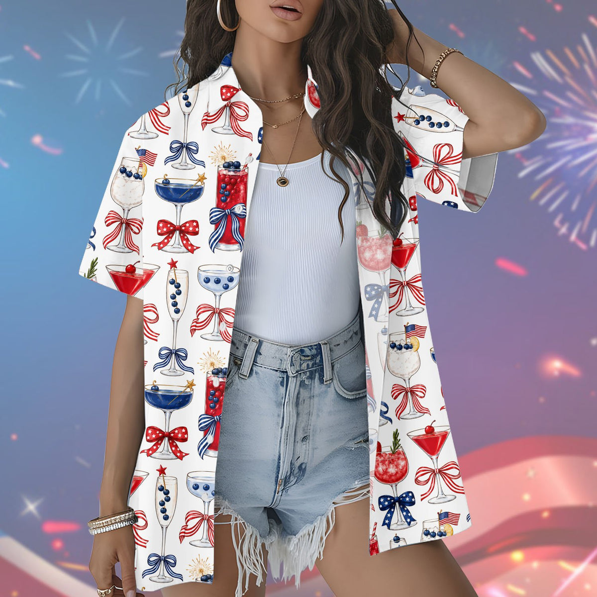 Woman wearing matching family hawaiian shirt in red white and blue