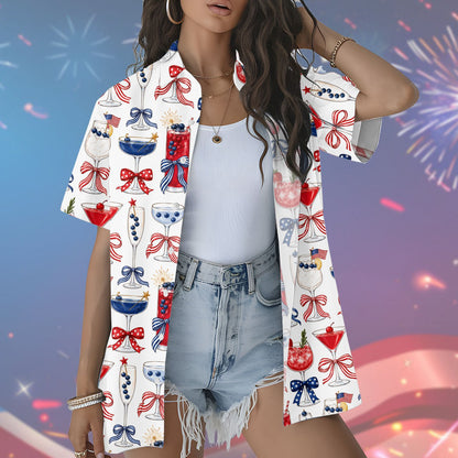 Woman wearing matching family hawaiian shirt in red white and blue
