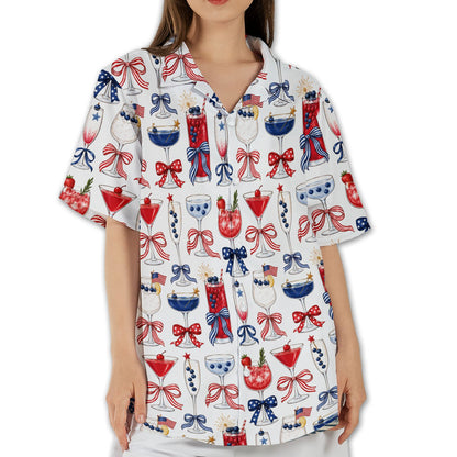 Back view of the patriotic cocktails hawaiian shirt in a lifestyle setting