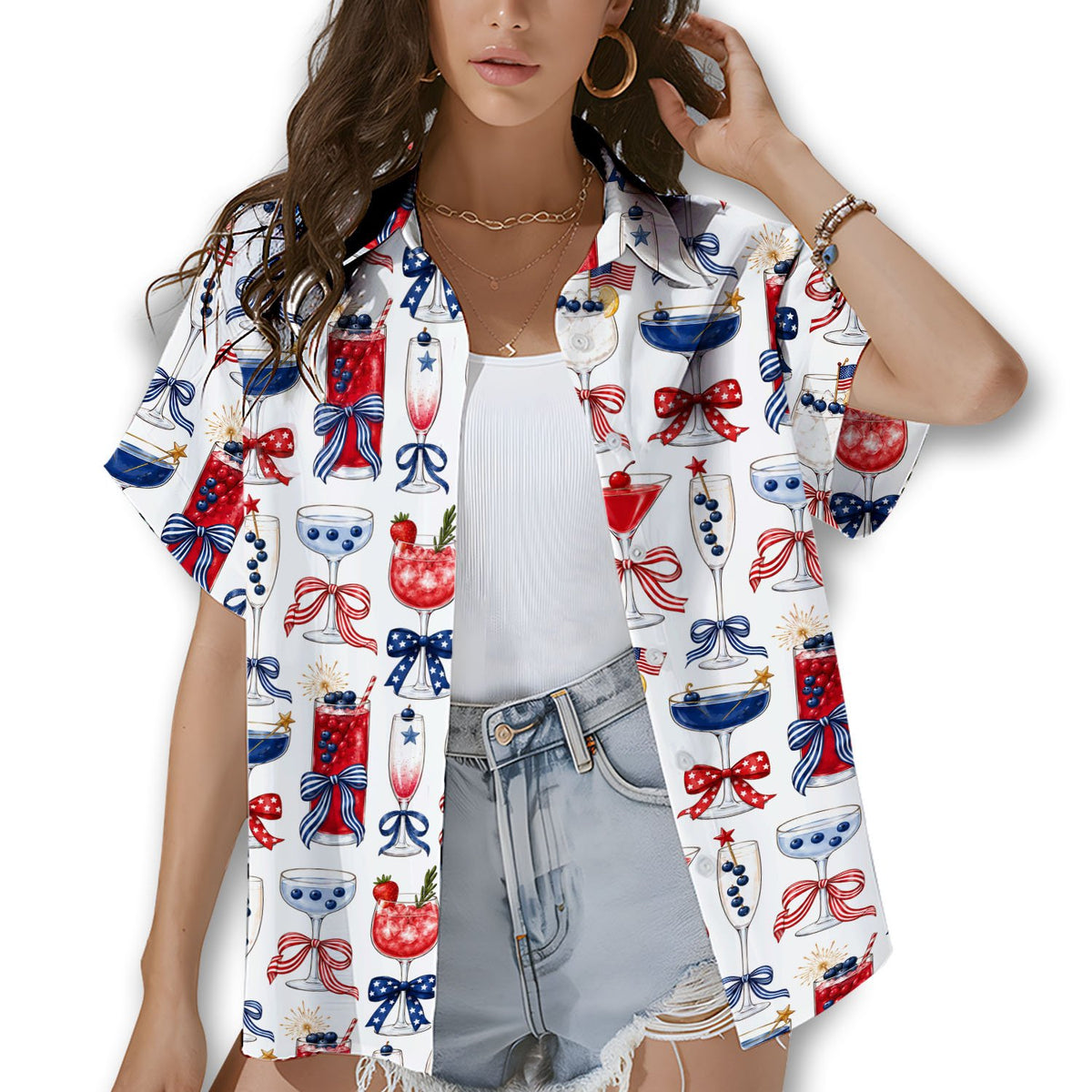 Matching family hawaiian shirts in patriotic cocktails design lifestyle view