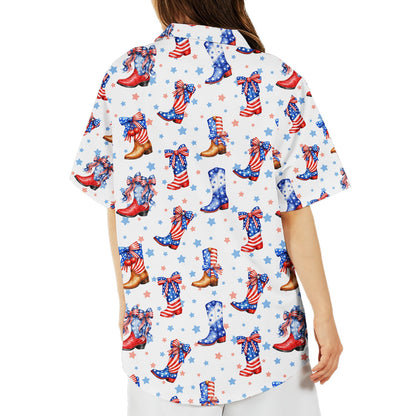 Back view of the patriotic cowboy boots hawaiian shirt