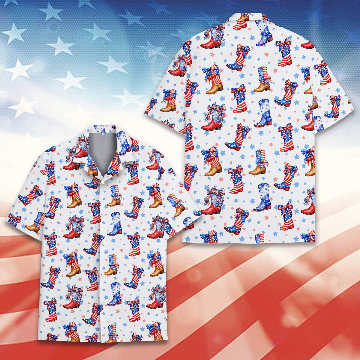 Front detail of the white, red, and blue patriotic hawaiian shirt