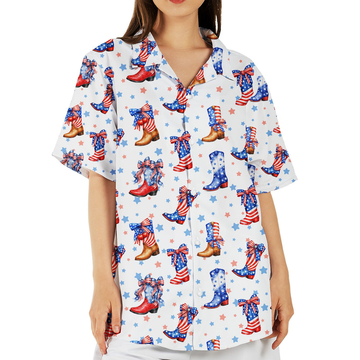 Front view showing the cowboy boots pattern on the hawaiian shirt