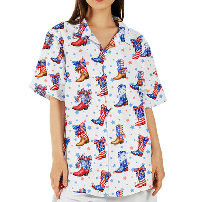 Front view showing the cowboy boots pattern on the hawaiian shirt