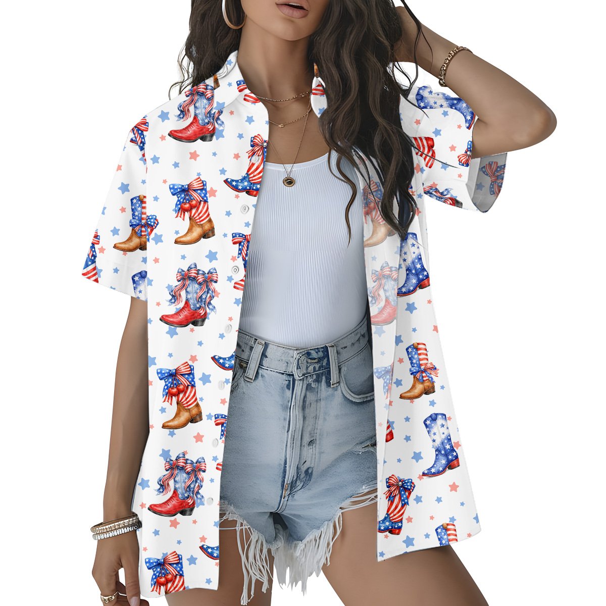 Lifestyle view of the patriotic cowboy boots hawaiian shirt