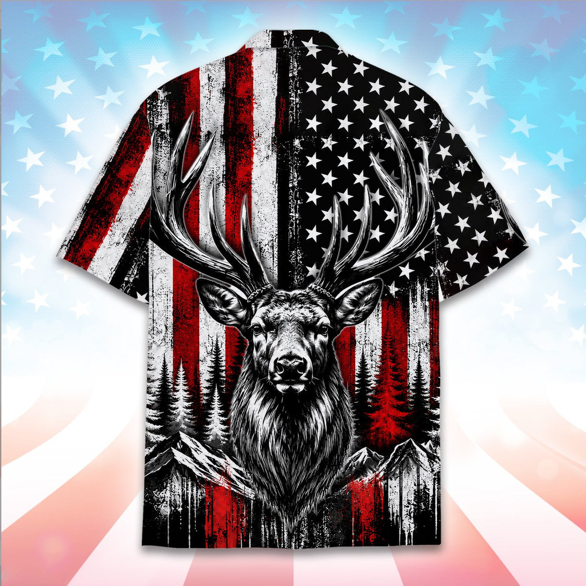 Second back view of the patriotic deer hawaiian shirt