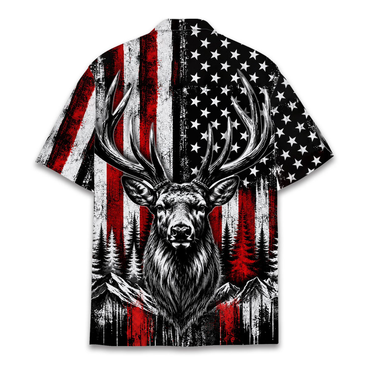 Back view of the matching family hawaiian shirt with flag and deer design