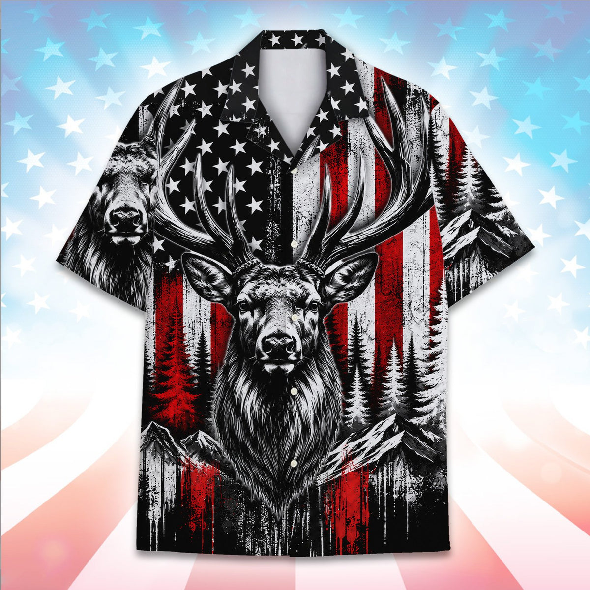 Second front view of the red, white, and black deer hawaiian shirt