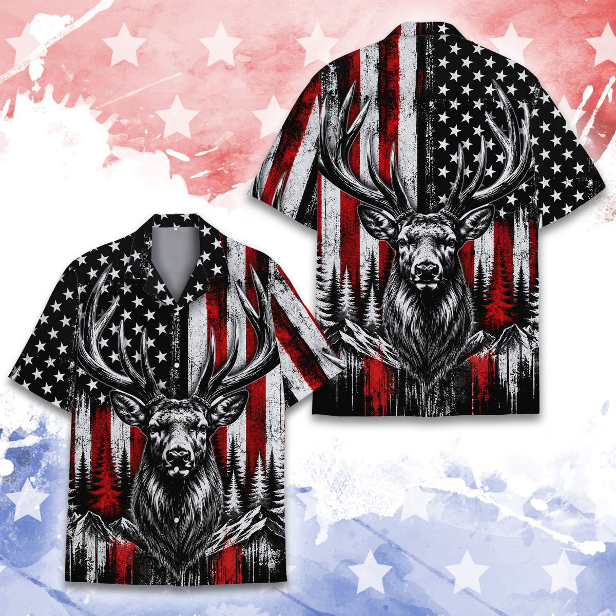 Fourth front view of the patriotic deer hawaiian shirt