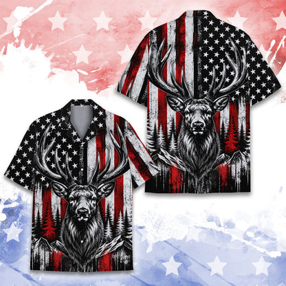 Fourth front view of the patriotic deer hawaiian shirt