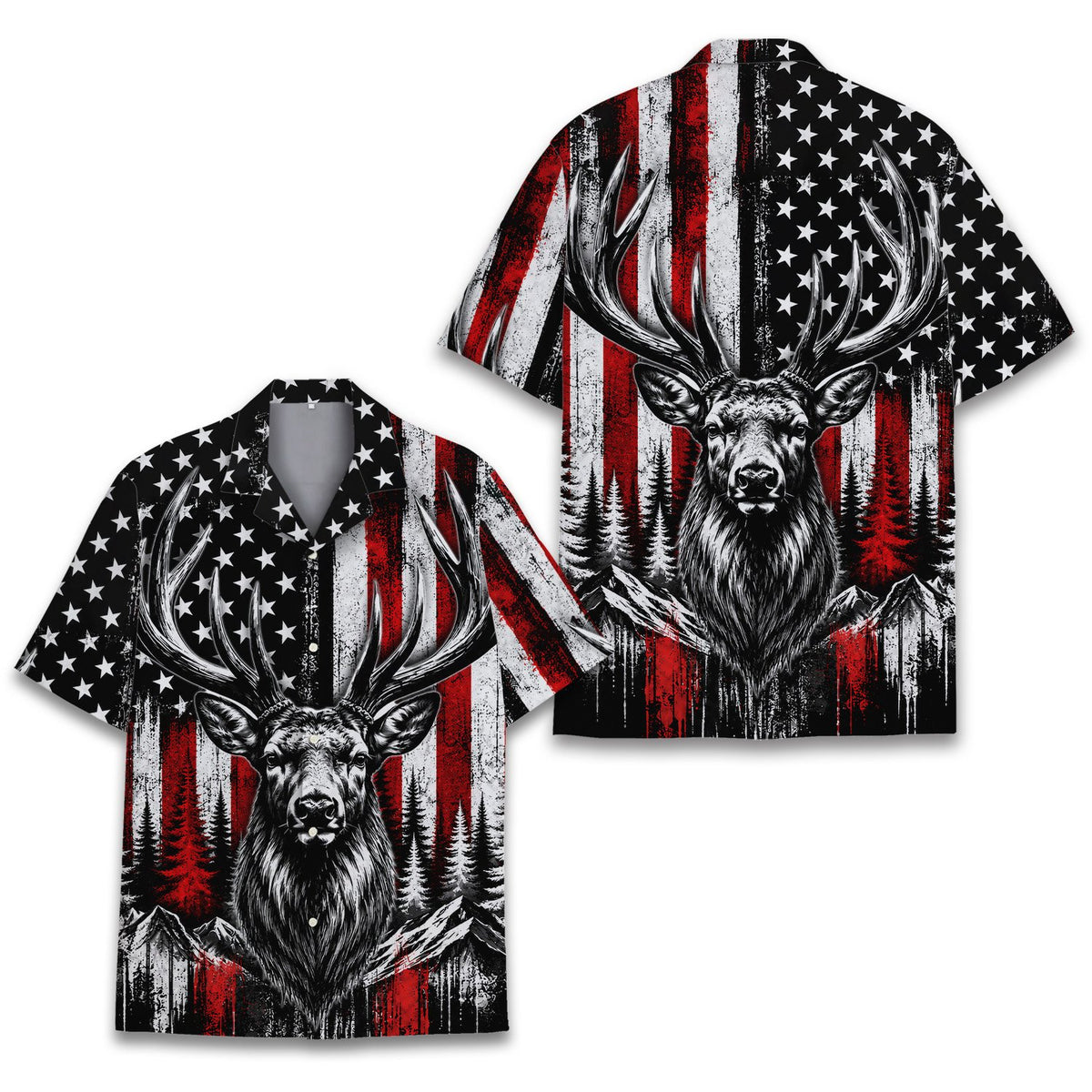Front view of the patriotic deer hawaiian shirt featuring rustic flag and deer graphic