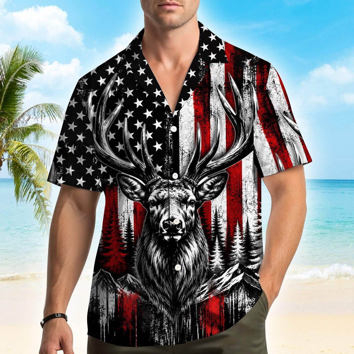 Lifestyle view of someone wearing the patriotic deer hawaiian shirt