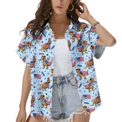 Lifestyle view of someone wearing the matching family hawaiian shirt with the patriotic dinosaur pattern