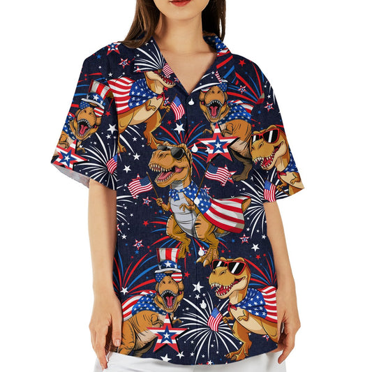 Patriotic dinosaur hawaiian shirt in navy with red and white T-Rexes and fireworks, front view