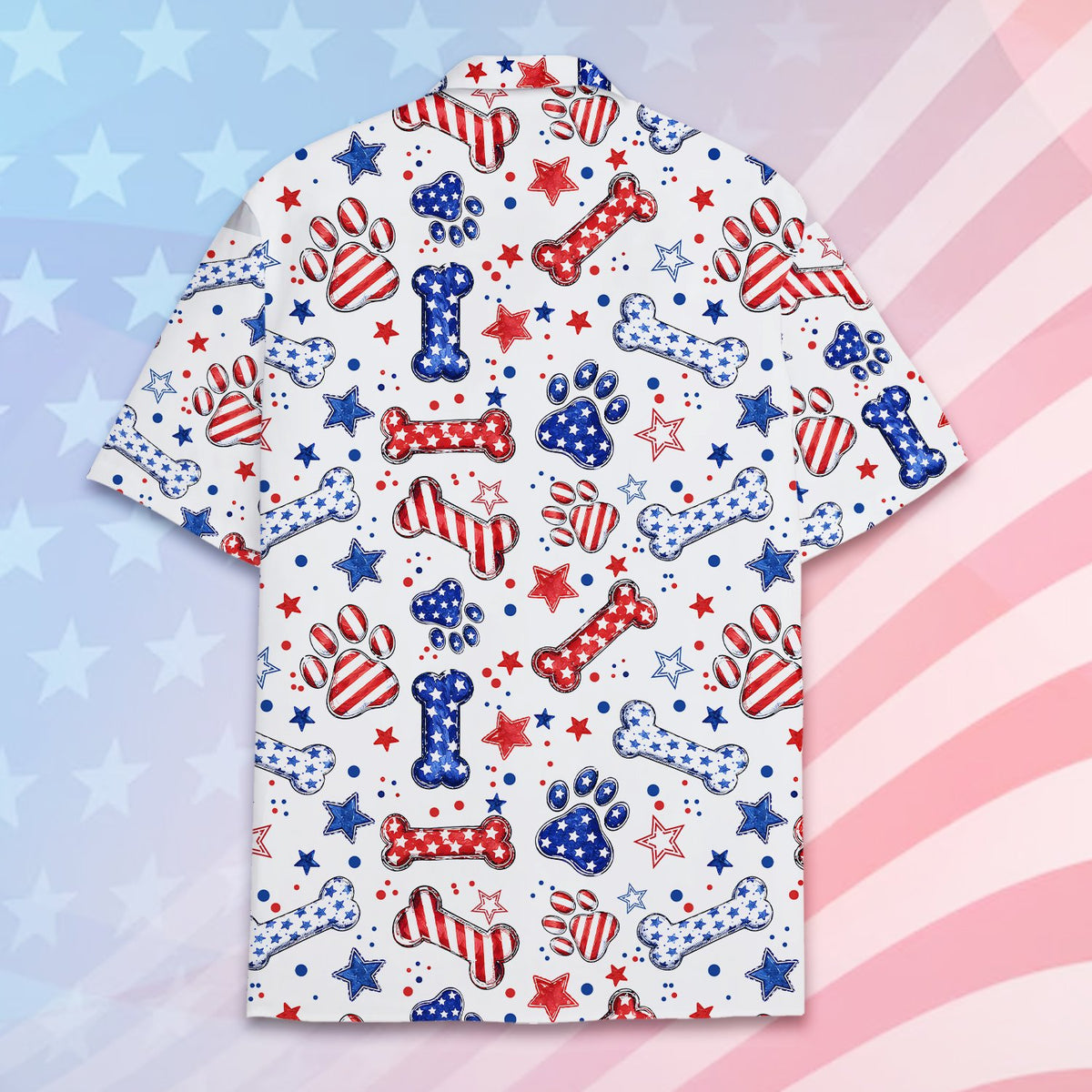 Detailed back view showing the all-over print of the Fourth of July themed Hawaiian shirt