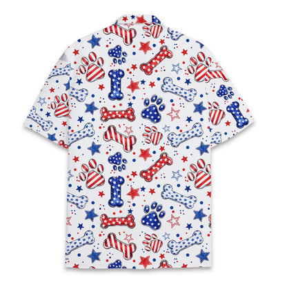 Back view of the matching family Hawaiian shirt in white with patriotic paw prints