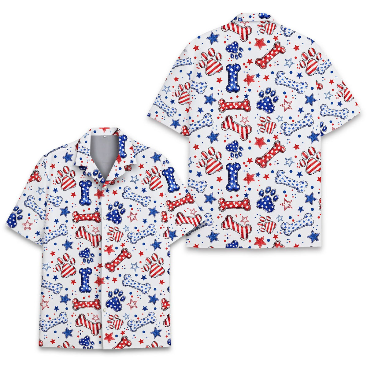 Detailed front view of the white matching family Hawaiian shirt with red and navy paw prints