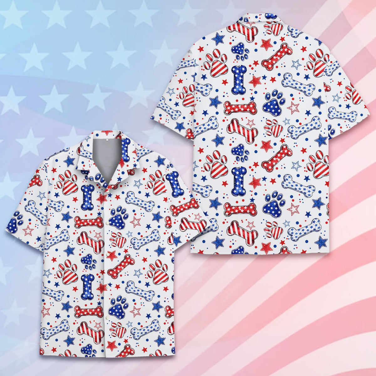 Another front view showcasing the stars and stripes bone pattern on the Hawaiian shirt