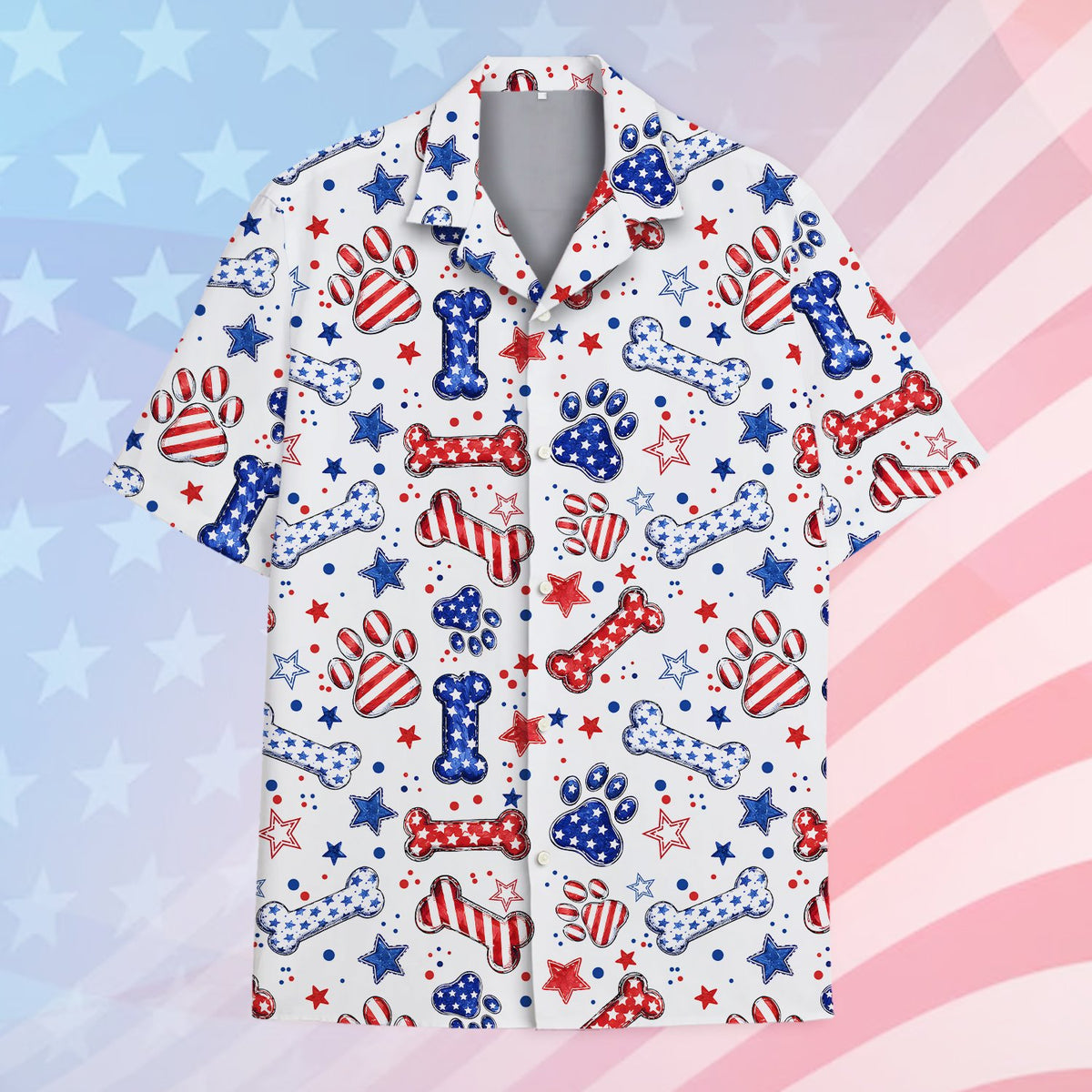 Main view of the matching family Hawaiian shirts featuring a patriotic paw print and bone design on a white background