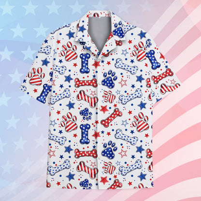 Main view of the matching family Hawaiian shirts featuring a patriotic paw print and bone design on a white background