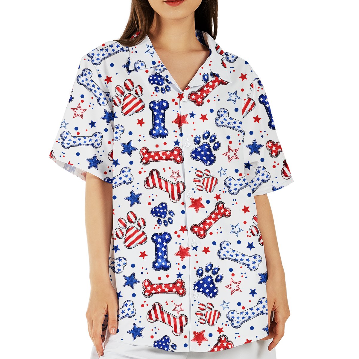 Lifestyle image of a family wearing the matching patriotic paw print Hawaiian shirts outdoors