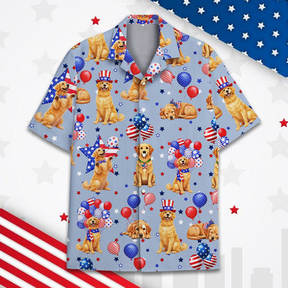 Close up front view of the holiday hawaiian shirt with Uncle Sam hats
