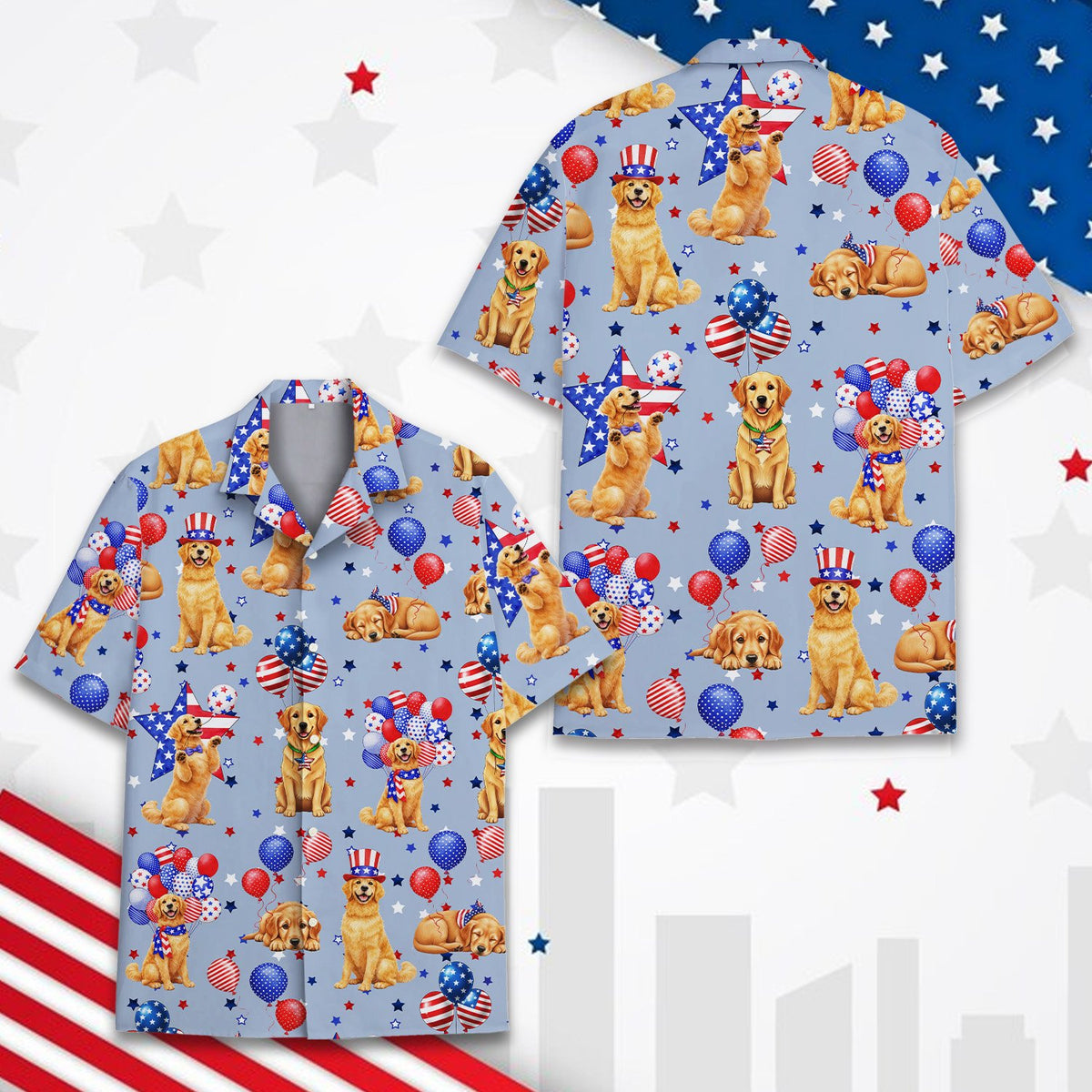 Front view of the blue patriotic Golden Retriever family hawaiian shirt