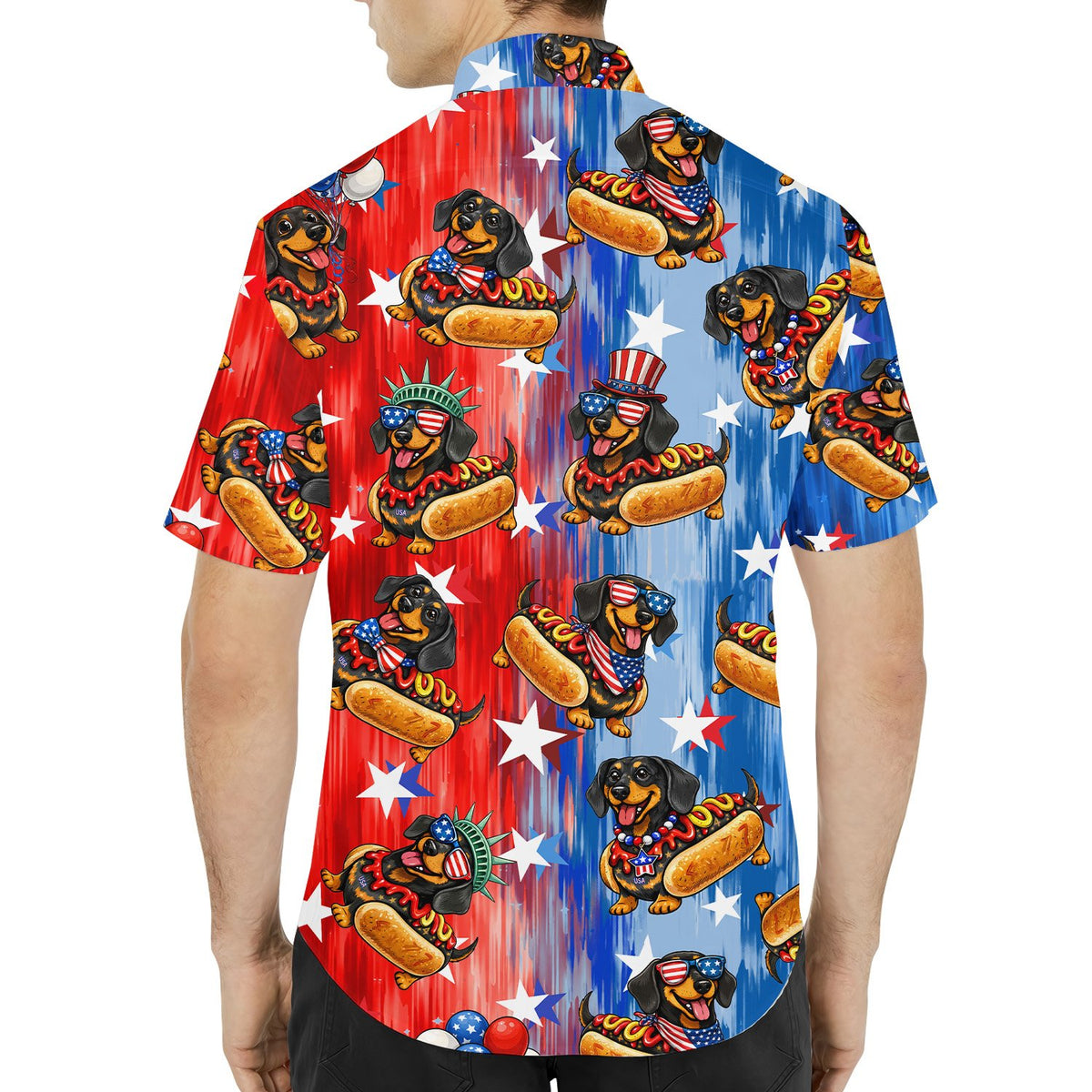 Back view of the matching family hawaiian shirt with patriotic hot dog design