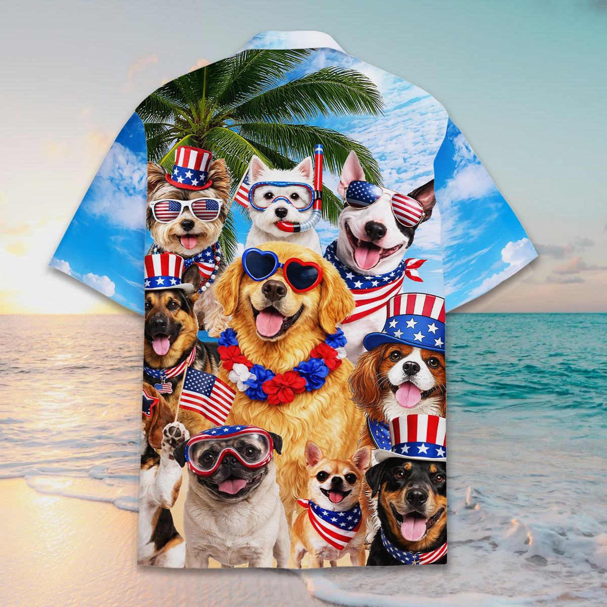 Matching family hawaiian shirt with patriotic dogs on a beach background, back view