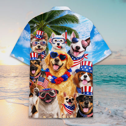 Matching family hawaiian shirt with patriotic dogs on a beach background, back view