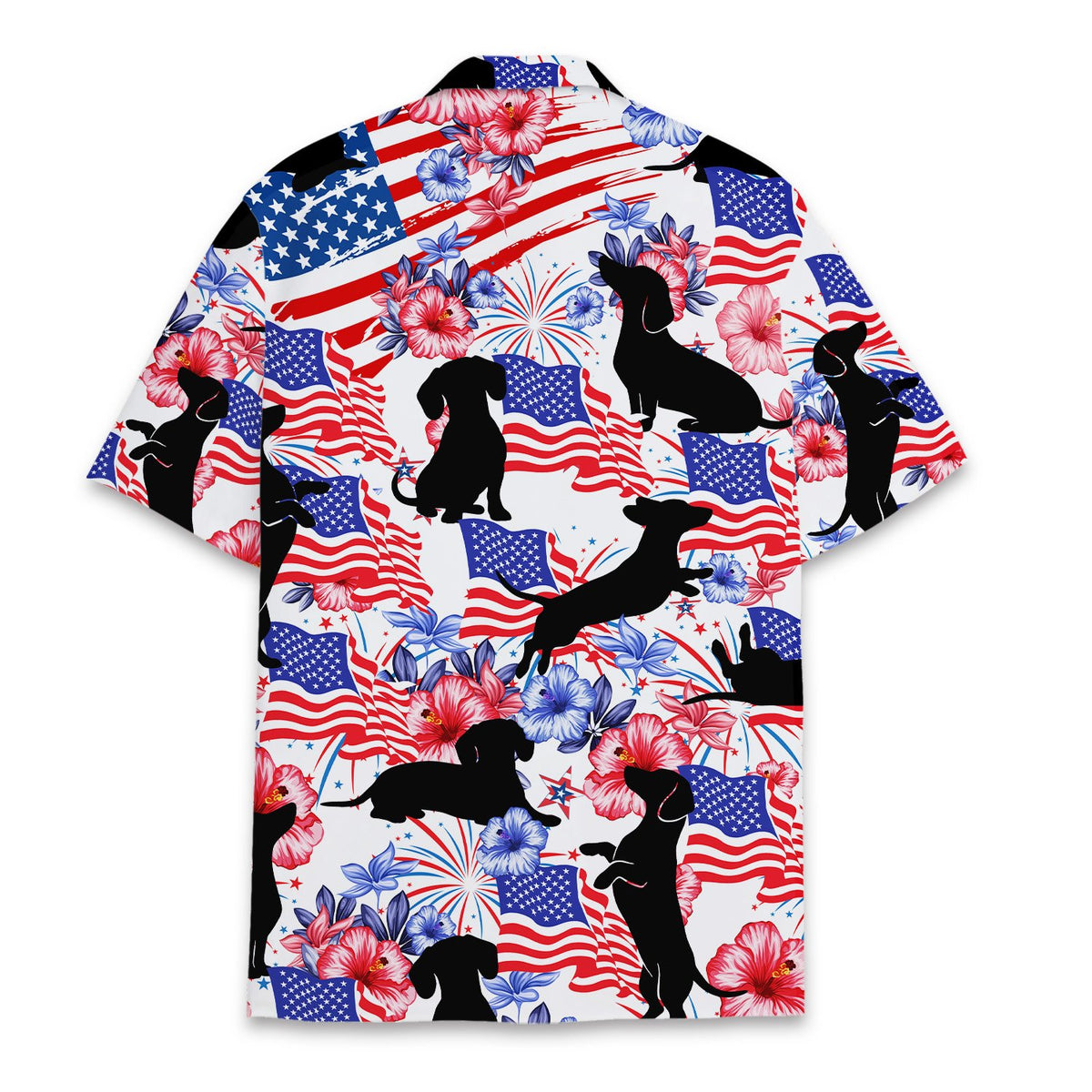 Back view of the patriotic dogs hawaiian shirt