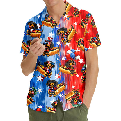 Alternate front view of the matching family hawaiian shirt with dachshunds