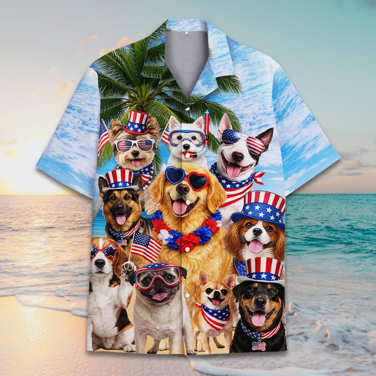 Matching family hawaiian shirt with patriotic dogs on a beach background, detailed front view