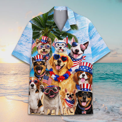 Matching family hawaiian shirt with patriotic dogs on a beach background, detailed front view