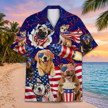 Close-up front view of the patriotic hawaiian shirt