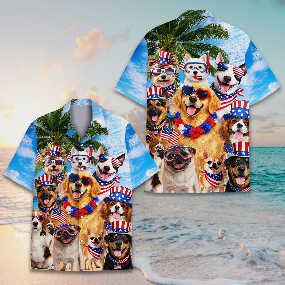 Matching family hawaiian shirt with patriotic dogs on a beach background, close-up front view