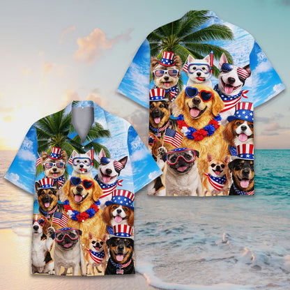 Matching family hawaiian shirt with patriotic dogs on a beach background, close-up front view