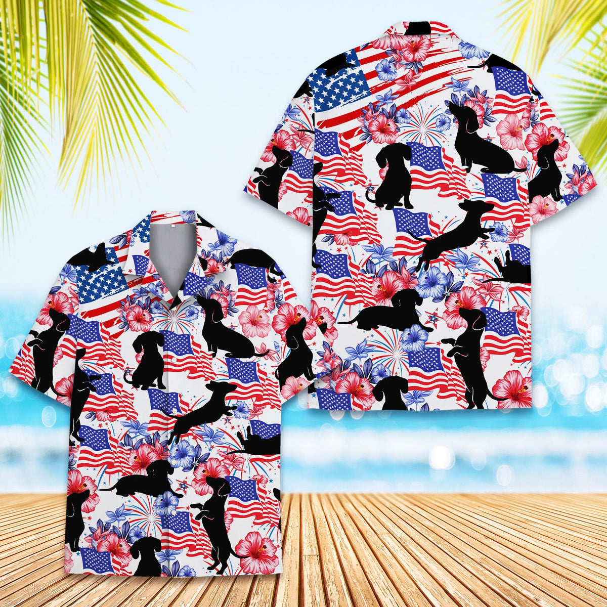 Detailed front view showing hibiscus and fireworks pattern