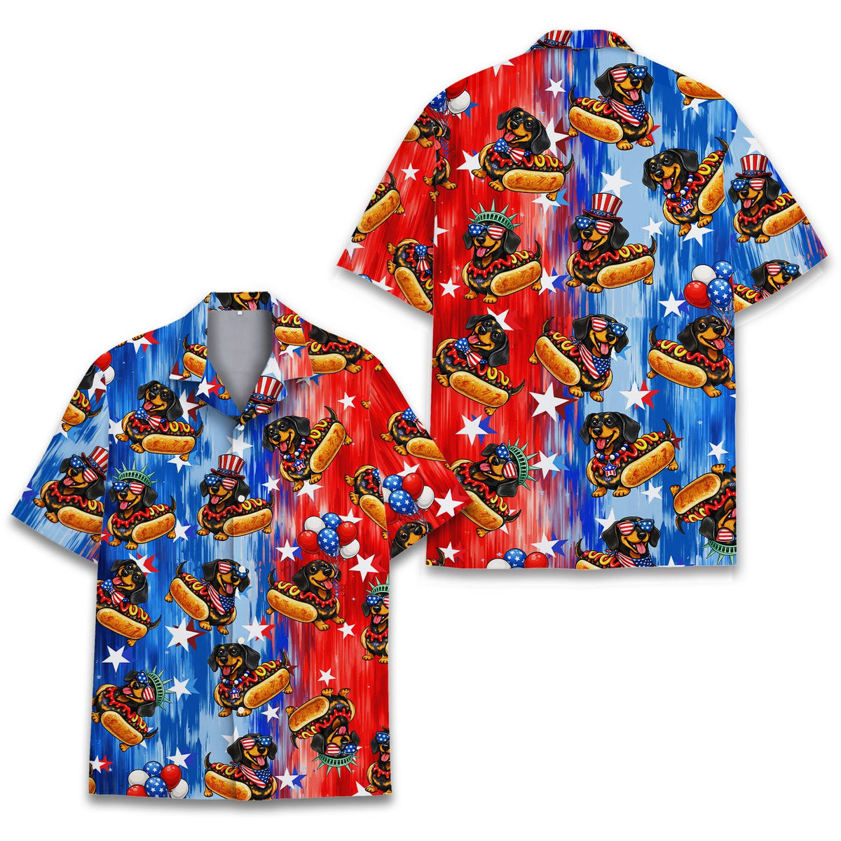 Close-up front view of the patriotic dachshunds matching family hawaiian shirt