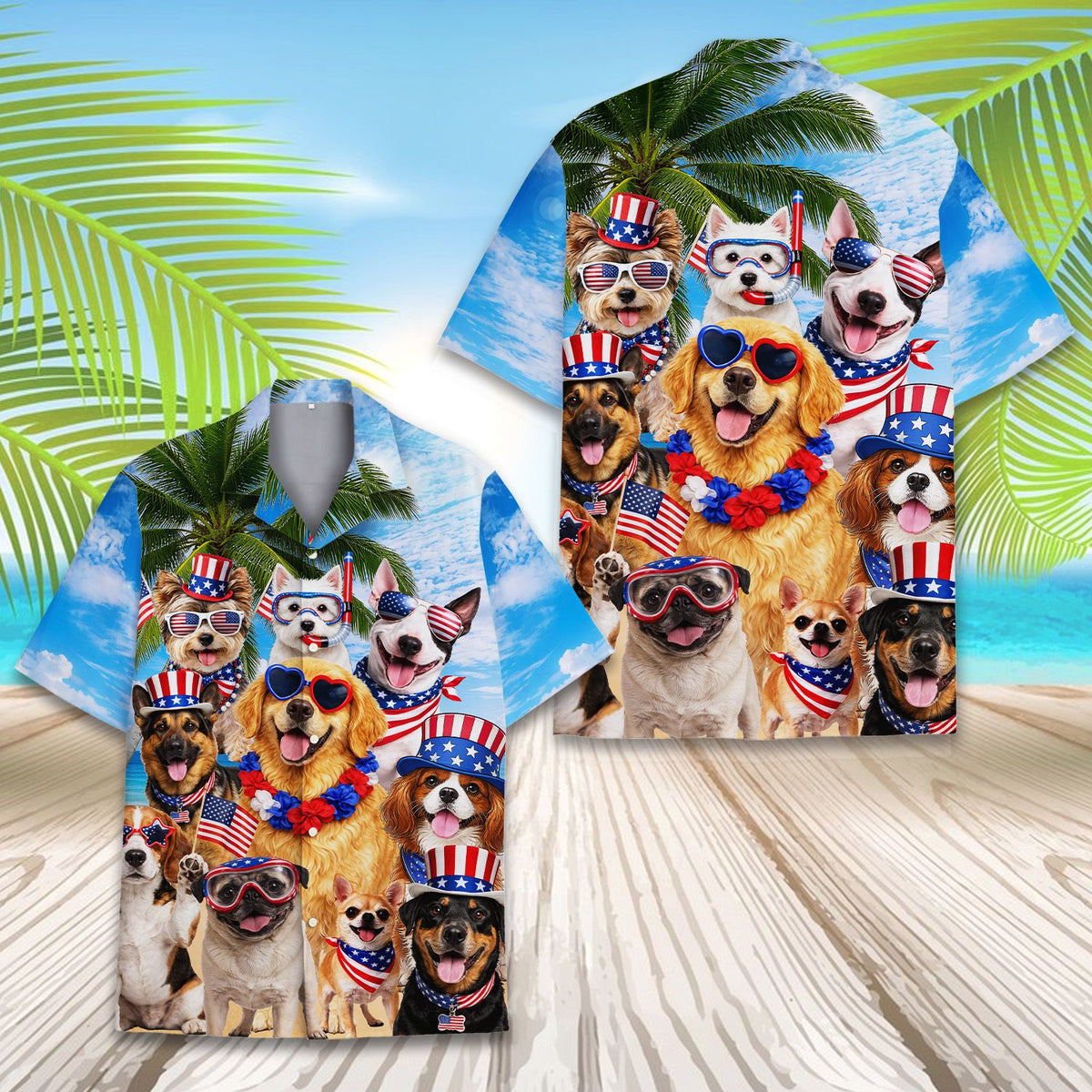 Matching family hawaiian shirt with patriotic dogs on a beach background, secondary front view