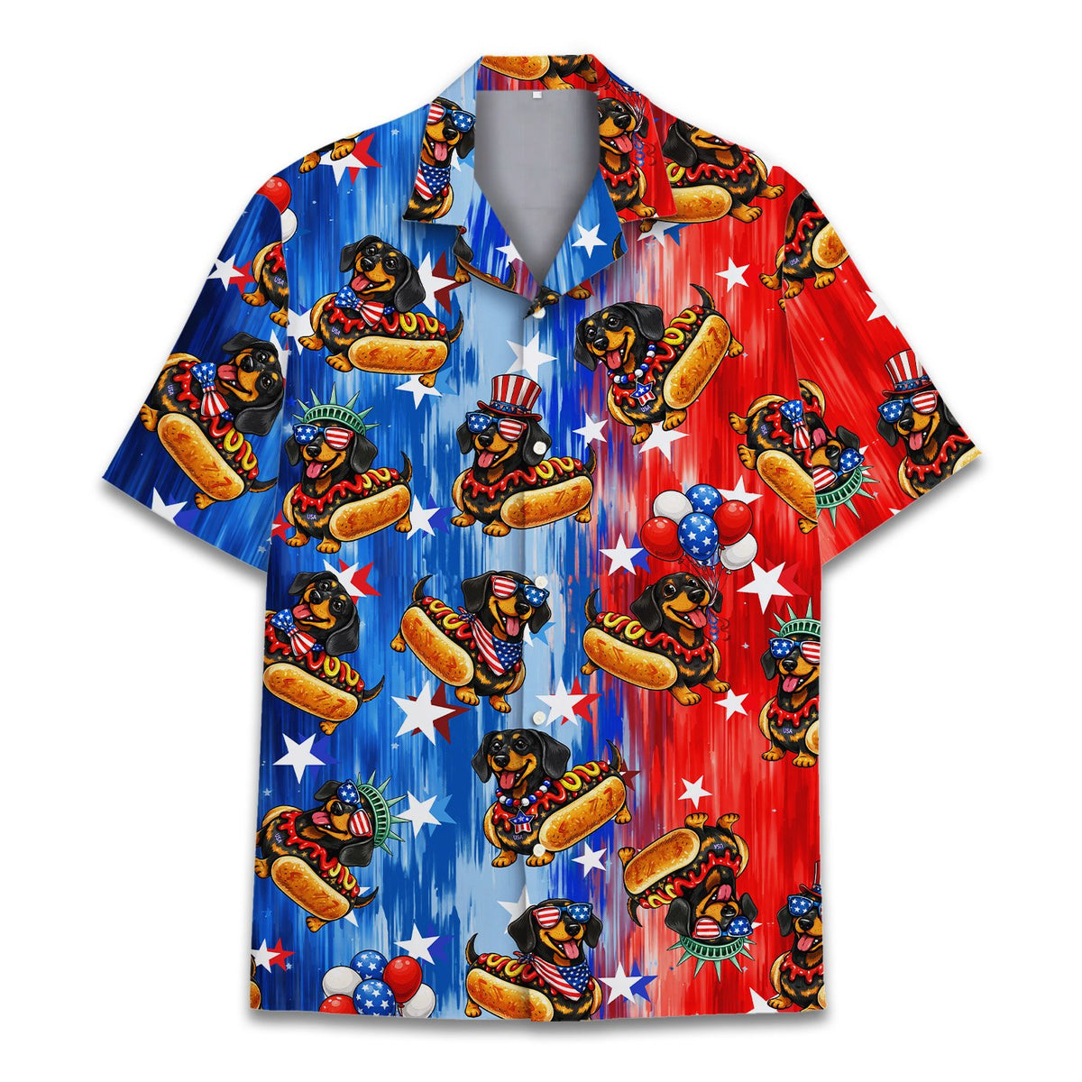 Matching family hawaiian shirts featuring patriotic hot dog dachshund design, main view