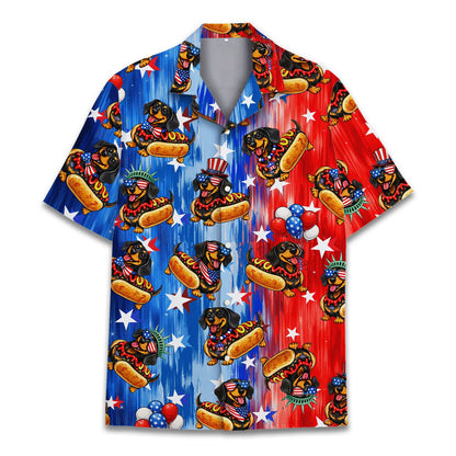 Matching family hawaiian shirts featuring patriotic hot dog dachshund design, main view