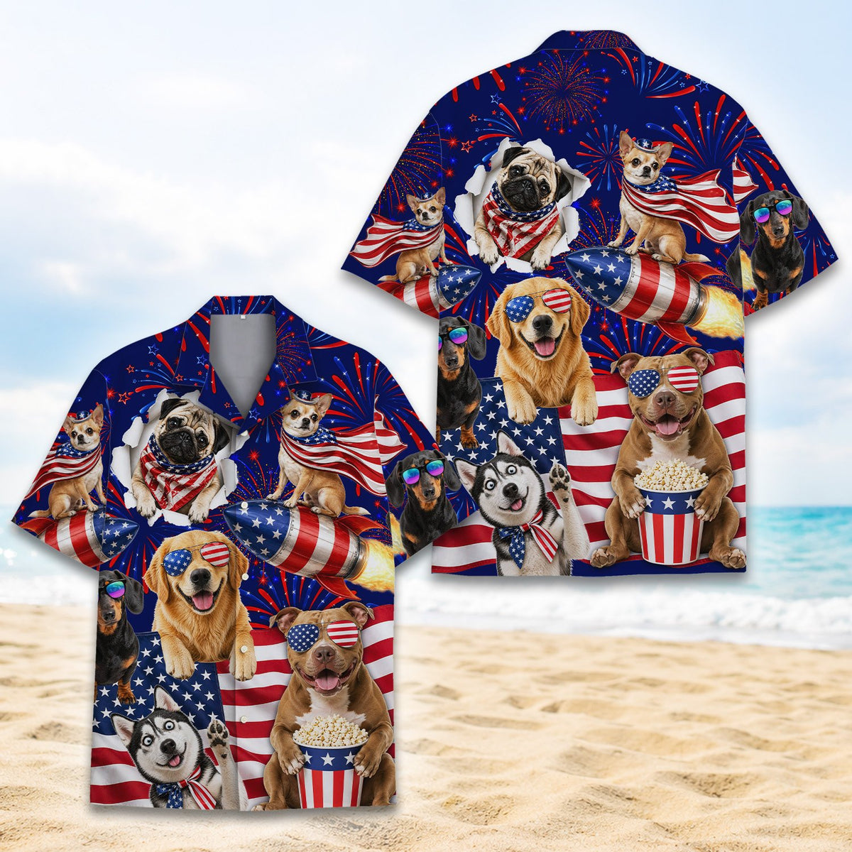 Front view of the matching family Fourth of July hawaiian shirt in navy, red, and white